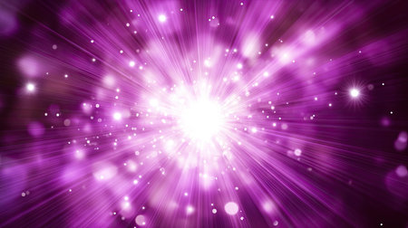 A mesmerizing burst of purple light creating a vibrant and enchanting atmosphere. This dynamic image features glowing rays and sparkling particles, ideal for creative projects.の素材