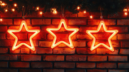 Bright neon stars hang against a rustic brick wall, enhanced by twinkling fairy lights. This vibrant decoration creates a warm and festive ambiance perfect for any celebration.の素材