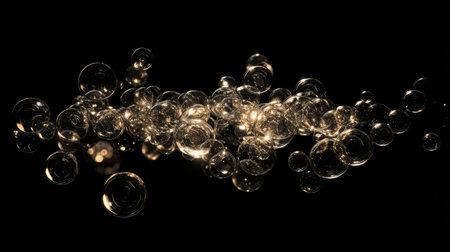 A mesmerizing display of floating transparent bubbles illuminated by soft light. This captivating image showcases elegant reflections against a black background, creating an enchanting atmosphere.の素材