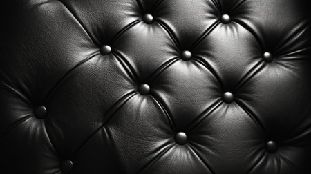 This image showcases a close-up view of luxurious black leather, featuring distinct button details and a rich texture, perfect for design inspiration.の素材