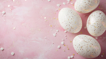 Celebrate Easter with these beautiful white eggs adorned with gold sparkles, set against a soft pink background. Perfect for spring-themed decor!の素材