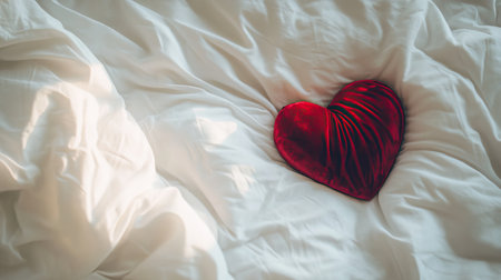 A beautifully plush red velvet heart rests on soft white bedding, creating a romantic atmosphere. The luxurious texture invites feelings of warmth and intimacy, perfect for celebrating love.の素材