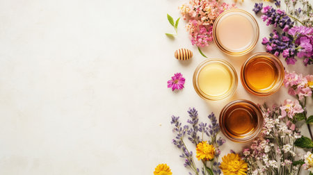 A serene composition featuring glass jars filled with honey surrounded by vibrant flowers and herbs. Perfect for wellness, culinary, and natural inspiration.の素材