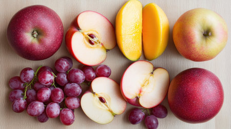 A visually appealing arrangement of fresh apples, grapes, and mangoes on a light wooden surface, showcasing vibrant colors and healthy options. Perfect for fruit lovers!の素材