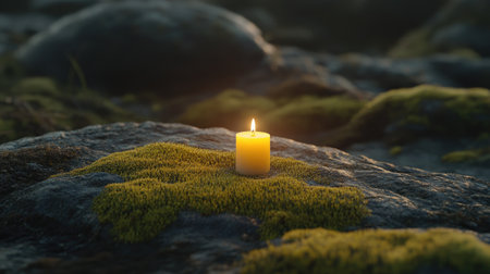 A serene yellow candle rests on a mossy stone, emitting a warm glow. This peaceful scene captures nature's beauty, ideal for promoting relaxation and tranquility.の素材