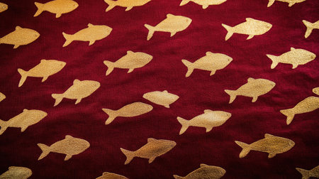 This vibrant pattern features golden fish motifs on a rich red fabric. Perfect for enhancing home decor, textiles, or creative projects with aquatic themes.の素材