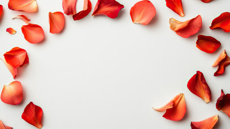 Vibrant rose petals in shades of red and pink are beautifully arranged on a light background, creating an elegant and romantic atmosphere ideal for decorations and design projects.の素材