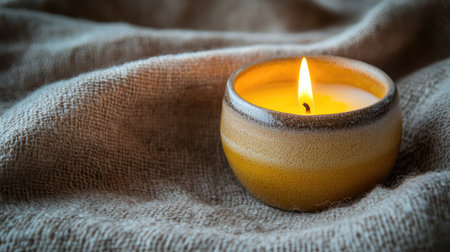 A beautifully lit candle radiates warmth on a soft textile surface, creating a tranquil atmosphere. Perfect for home decor, relaxation, or inspiration.の素材