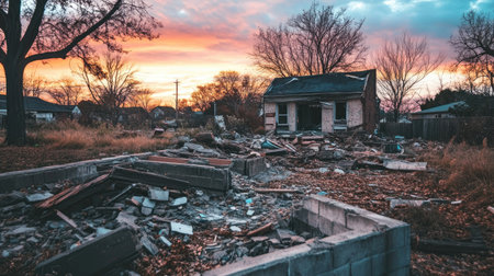 An abandoned house lies in ruins amidst overgrown grass and debris, showcasing neglect and decay. The sunset casts warm tones across the scene, enhancing its eerie yet peaceful atmosphere.の素材
