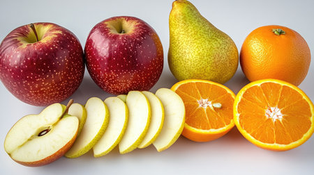 A vibrant arrangement of fresh apples, pears, and oranges, showcasing their colorful textures and sliced segments, perfect for health and nutrition themes.の素材