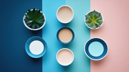 Explore a visually appealing display of vibrant bowls and lush plants on a split-color background, perfect for modern home decor and aesthetic inspiration.の素材