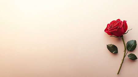 A stunning red rose with lush green leaves rests elegantly on a soft background, symbolizing love and beauty, perfect for romantic themes and floral designs.の素材