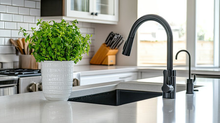 A modern kitchen featuring a stylish black faucet and a vibrant herb plant. The clean design emphasizes simplicity and functionality, perfect for culinary inspiration.の素材