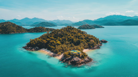 Explore a breathtaking tropical island with lush greenery, soft sandy beaches, and vibrant blue waters. A perfect serene getaway for nature lovers.の素材