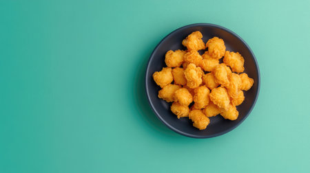 A close-up view of crispy golden snack bites arranged in a dark plate, set against a vibrant green background, perfect for food photography and casual dining themes.の素材
