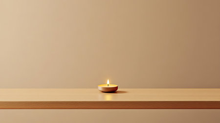 A serene scene featuring a single lit candle on a wooden shelf against a soft beige background, evoking a sense of warmth, tranquility, and minimalism in home decor.の素材