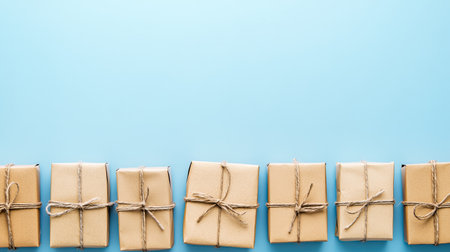 A collection of neatly wrapped gift boxes tied with twine, set against a light blue background. This minimalistic arrangement evokes feelings of celebration and creativity, perfect for various occasions.の素材
