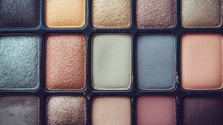 A high-resolution close-up of a colorful eyeshadow palette showcasing a range of vibrant and muted shades. Ideal for makeup lovers and artists.の素材