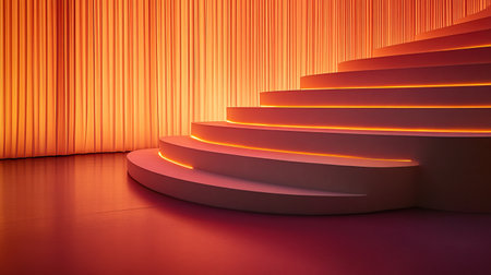 This image features a modern stage design showcasing elegant curved steps illuminated by soft orange lighting. The minimalist aesthetic creates a warm and inviting ambiance for events or performances.の素材