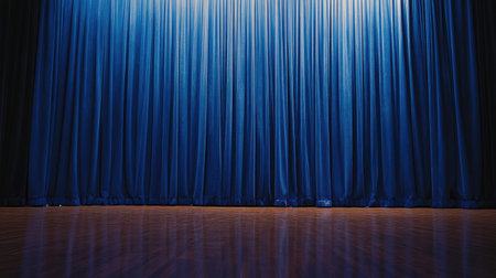 A captivating blue stage curtain draped elegantly as bright light filters from above, creating a dramatic atmosphere perfect for performances and entertainment venues.の素材