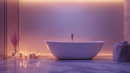 A tranquil bathroom scene showcasing a modern freestanding bathtub surrounded by soft purple lighting and glowing candles, perfect for relaxation and rejuvenation.の素材