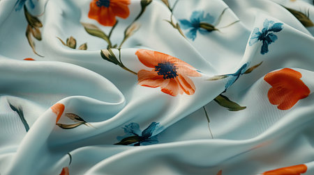 A beautiful close-up of soft floral fabric featuring vibrant flowers in orange and blue hues. Ideal for fashion and home decor projects, this elegant textile showcases delicate design and smooth texture.の素材