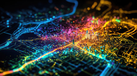A stunning aerial view of a dynamic city illuminated with vibrant lights, showcasing a colorful digital map visualization that captures urban energy at night.の素材