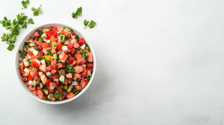 A vibrant bowl of fresh salsa filled with diced vegetables and herbs, perfect for enjoying as a snack or serving at gatherings. Colorful and healthy!の素材
