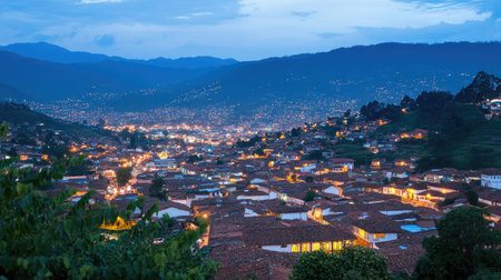 Experience a stunning night view of a historic town, illuminated rooftops glimmer against majestic mountains. A tranquil blend of nature and culture awaits.の素材