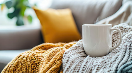 A cozy scene featuring a white mug resting on a textured knitted blanket. Soft pillows in warm tones create an inviting atmosphere perfect for relaxation and comfort.の素材