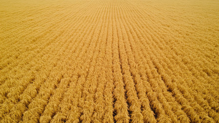 Explore a stunning aerial view of a golden wheat field, showcasing rows of ripe crops under bright sunlight. Perfect for agricultural themes.の素材
