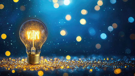 A bright light bulb glows against a stunning backdrop of glitter and bokeh, creating an enchanting atmosphere that inspires creativity and warmth.の素材