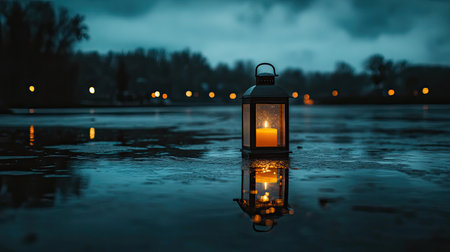 A serene lantern casting a warm glow on a rainy night beside calm waters. The reflection creates a tranquil atmosphere, enhancing the mood of stillness.の素材