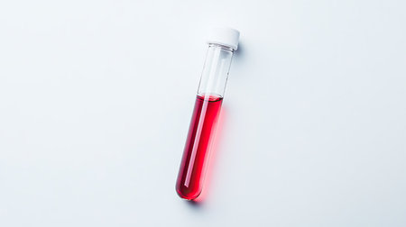 A laboratory test tube containing a striking red liquid rests on a clean white background, showcasing a focus on science, chemistry, and medical analysis.の素材