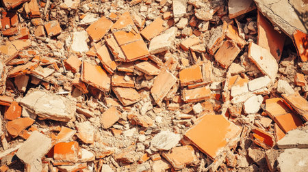 A close-up view of crushed debris from a demolished building, showcasing fragments of orange tiles and gray rubble scattered on the ground, highlighting urban destruction.の素材