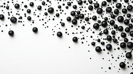 A stunning arrangement of black berries and small bubbles on a smooth white background, ideal for culinary presentations and creative designs.の素材