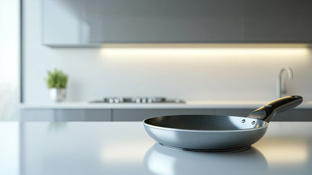 A sleek, modern kitchen featuring a non-stick frying pan on a clean white countertop, highlighting elegance and functionality in culinary design.の素材