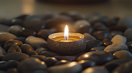 A serene candle flame flickers gently atop a bed of smooth stones, creating a calming atmosphere perfect for relaxation and meditation. Ideal for wellness themes.の素材