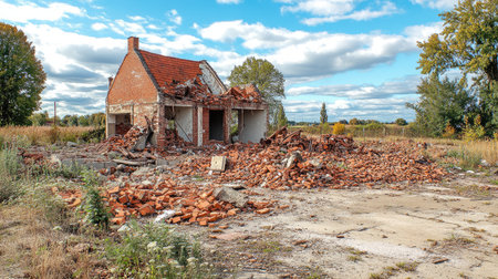 An abandoned house stands in a state of decay among overgrown grass and scattered bricks. The crumbling structure highlights nature's reclaiming of man-made spaces.の素材