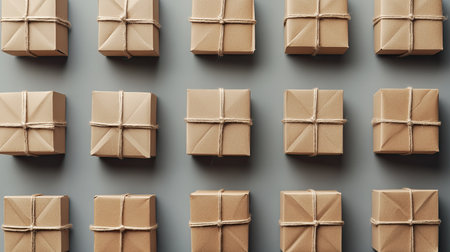 Aerial view of neatly wrapped brown gift boxes arranged on a gray surface. The simple kitchen aesthetic highlights the beauty of minimalism and creativity in gifting.の素材