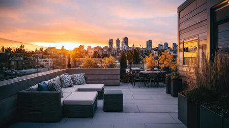 A stylish rooftop terrace features modern seating and vibrant plants, offering stunning sunset views of a bustling city skyline. Perfect for relaxation and gatherings.の素材