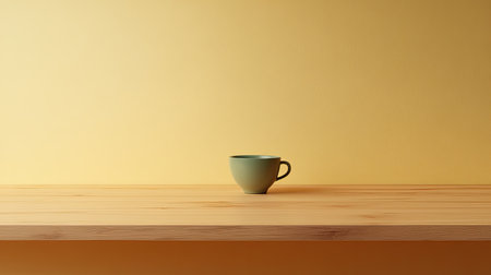 A minimalist green cup rests on a wooden table, set against a soft yellow backdrop. This still-life composition conveys warmth and tranquility, perfect for creative projects.の素材