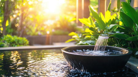 A beautiful water fountain flows gently into a pond, surrounded by vibrant greenery and illuminated by warm sunlight, creating a tranquil oasis perfect for relaxation.の素材