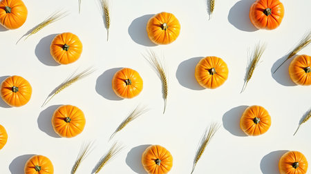 A flatlay arrangement of vibrant orange pumpkins and golden wheat creates a cheerful autumn theme, perfect for seasonal decor or agricultural backgrounds.の素材