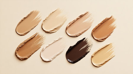 Aesthetic display of diverse foundation swatches showcasing various skin tones on a neutral background, illustrating beauty, makeup artistry, and inclusivity in cosmetics.の素材