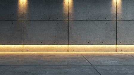 This image features a modern textured concrete wall with soft ambient lighting. The clean lines and minimal design create a contemporary feel, ideal for various backgrounds.の素材