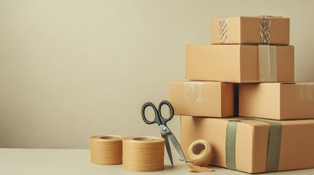 A neat arrangement of brown cardboard boxes alongside scissors and packing tape. Perfect for representing shipping, organization, and logistics in commercial contexts.の素材