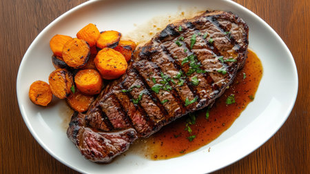 A beautifully grilled steak served with roasted vegetables on a white plate. This dish features juicy meat, vibrant colors, and fresh herbs for a delicious meal.の素材