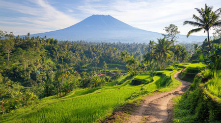 Beautiful rice terraces surround a towering volcano in Bali, showcasing the island's lush scenery. A winding path invites exploration and adventure.の素材