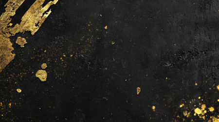 This captivating black and gold abstract background features textured metallic splashes, perfect for elegant design projects, wallpapers, and artistic layouts.の素材